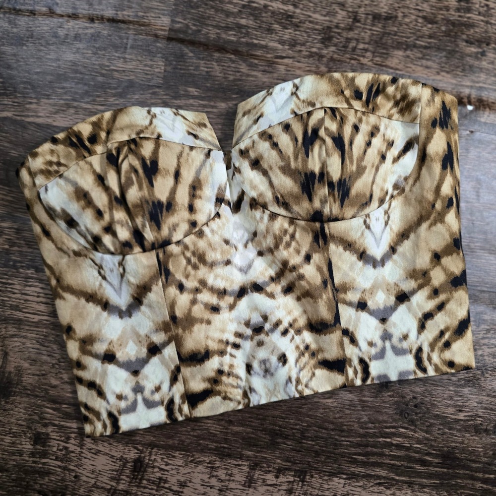 Bardot Animal Print Strapless Crop Top in Beige and Black